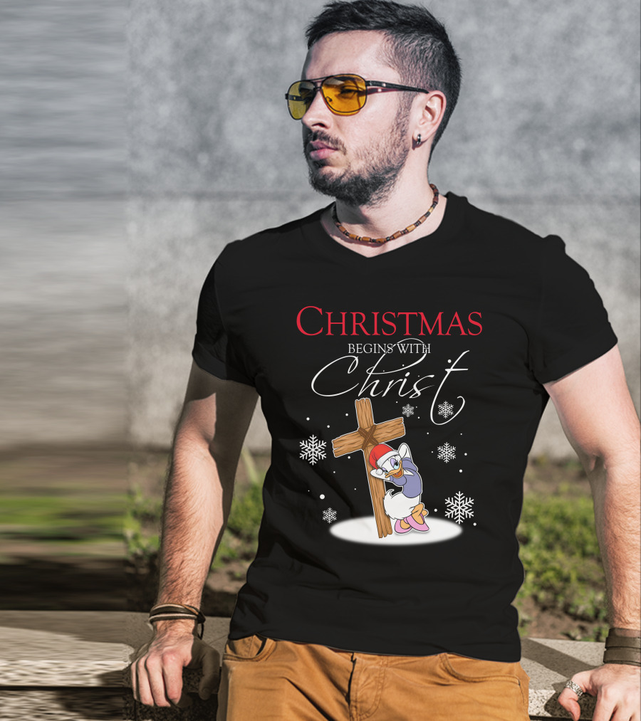 Christmas Begins With Christ Daisy With Cross And Snowflakes T-Shirt