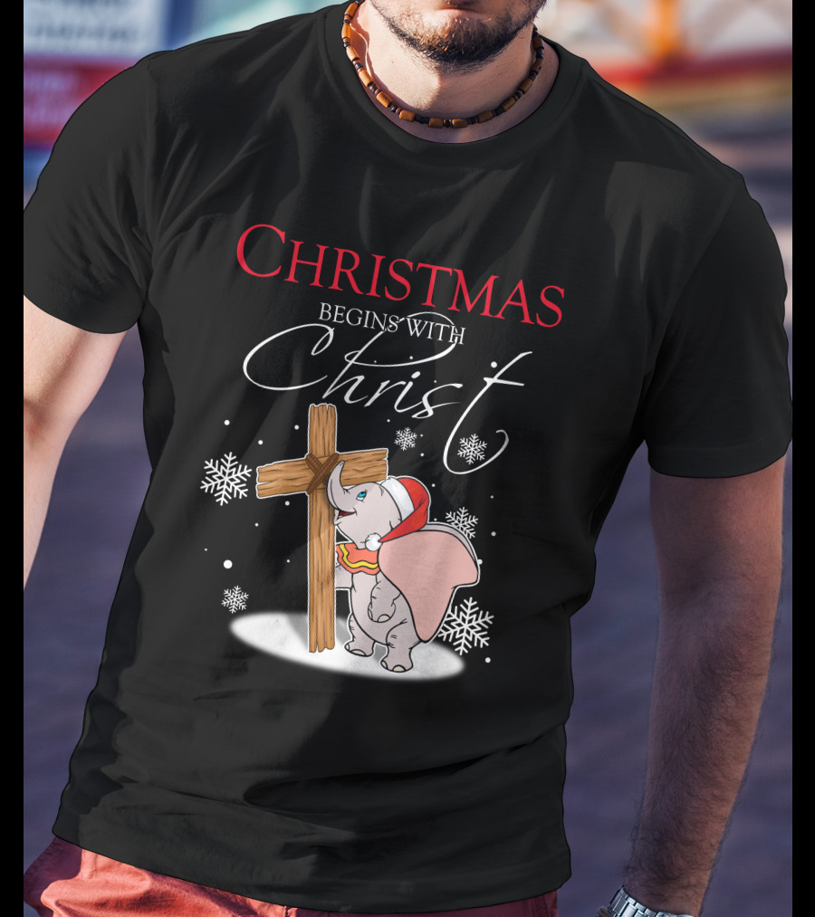 Christmas Begins With Christ Dumbo Santa Hat Cross Snowflakes T-Shirt