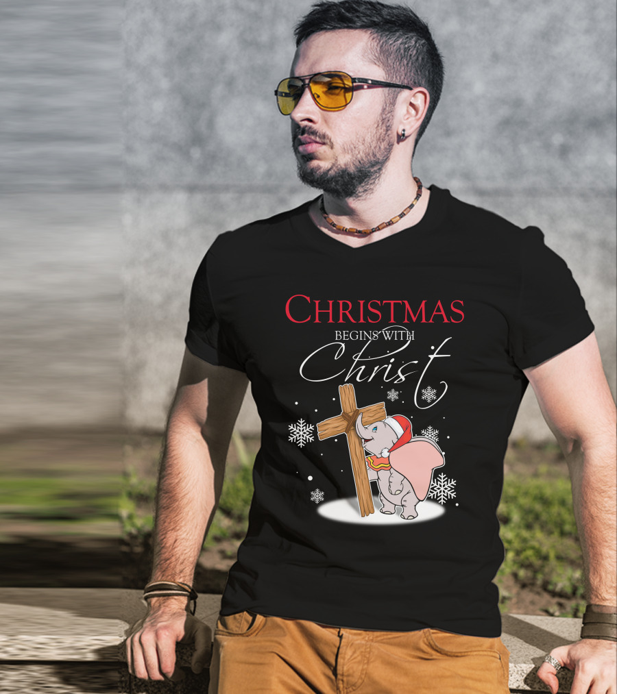 Christmas Begins With Christ Dumbo Santa Hat Cross Snowflakes T-Shirt