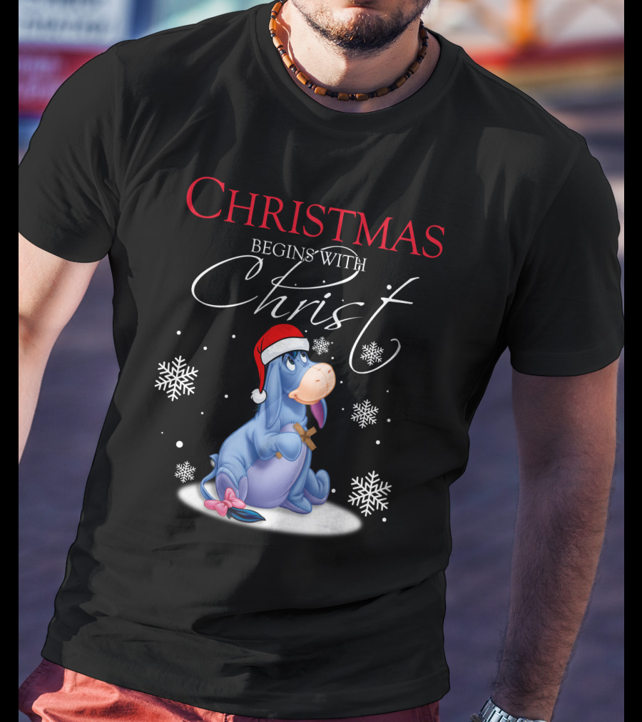 Christmas Begins With Christ Eeyore Santa Hat Snowflakes T-Shirt