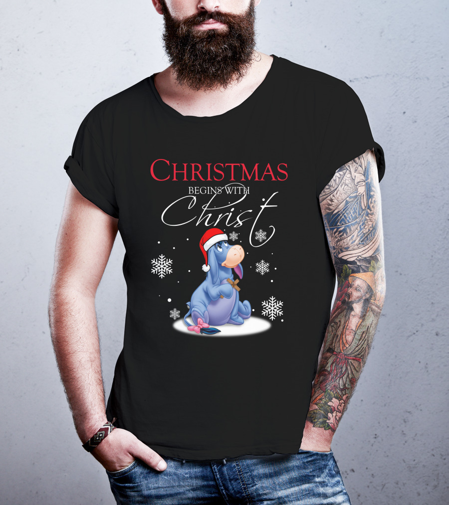Christmas Begins With Christ Eeyore Santa Hat Snowflakes T-Shirt