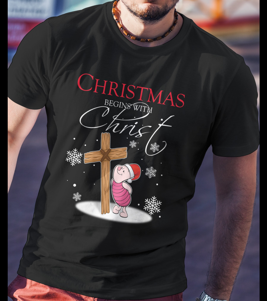 Christmas Begins With Christ Piglet Santa Hat Snowflakes T-Shirt