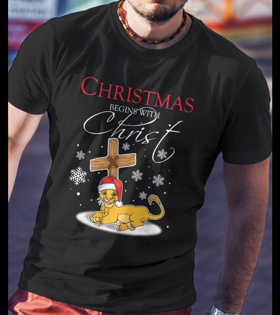 Christmas Begins With Christ Simba Snowflakes Santa Hat T-Shirt