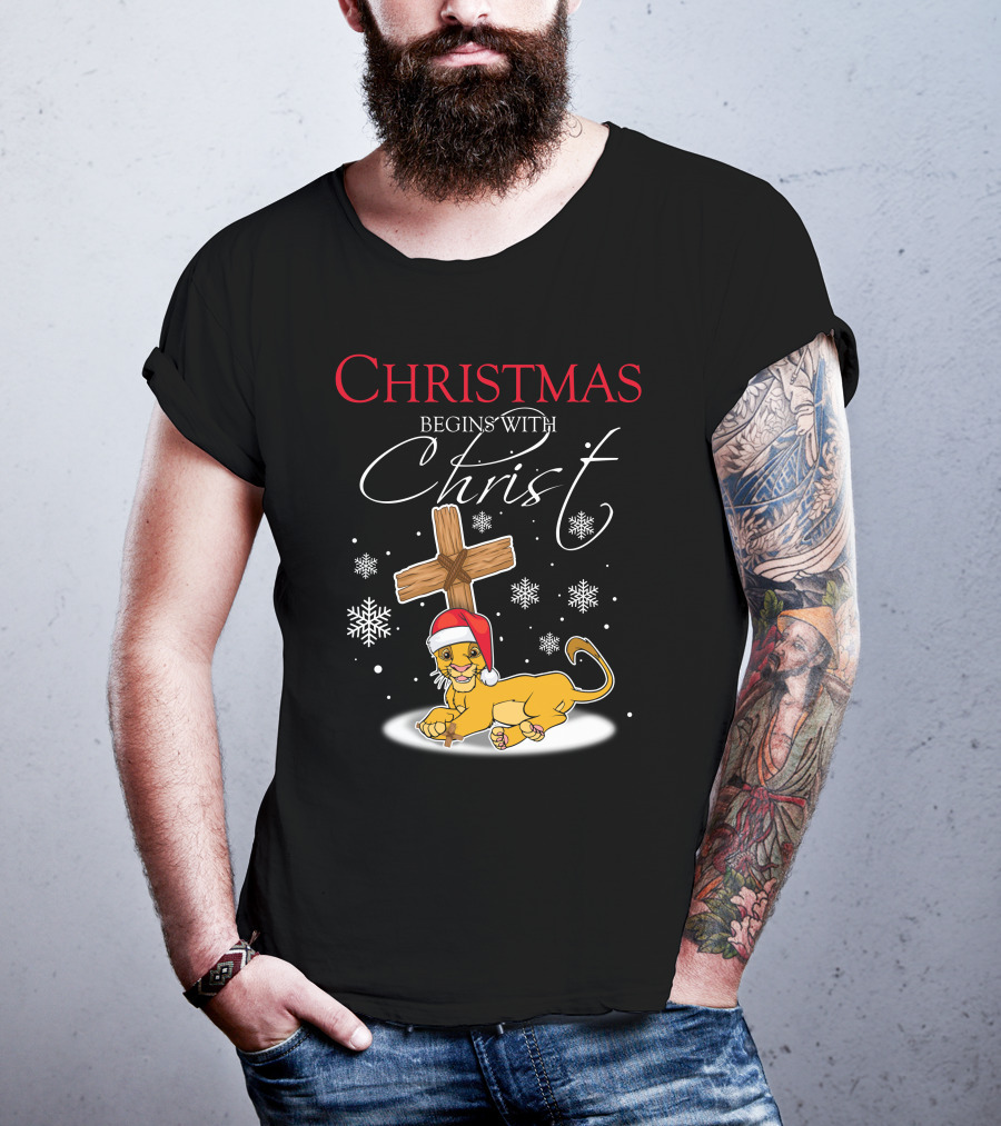 Christmas Begins With Christ Simba Snowflakes Santa Hat T-Shirt
