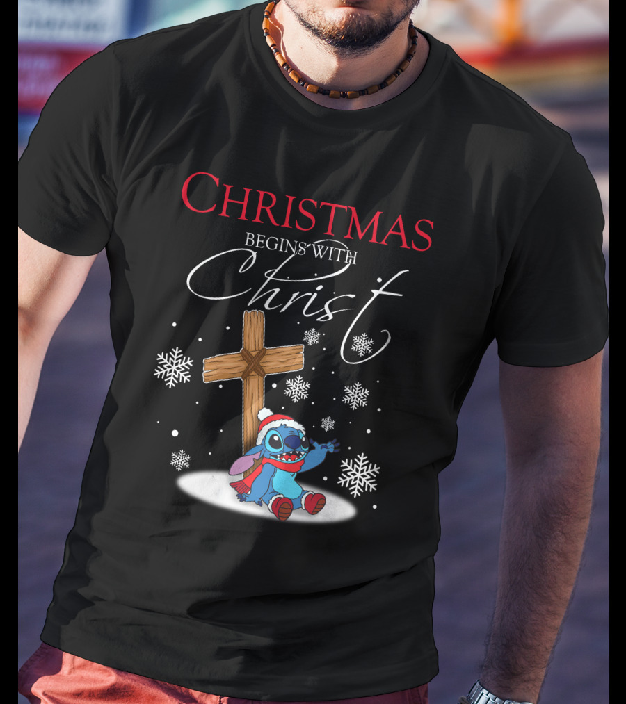 Christmas Begins With Christ Stitch Snowflakes T-Shirt