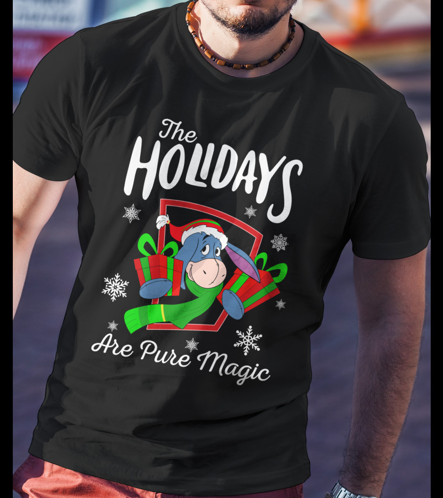 The Holidays Are Pure Magic Eeyore Wearing Santa Hat And Scarf Snowflakes And Presents T-Shirt