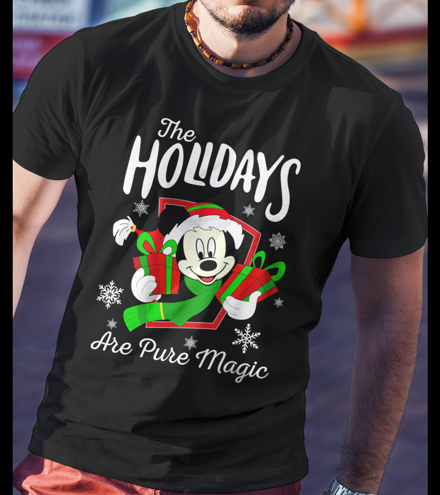 The Holidays Are Pure Magic Mickey Mouse Holding Gifts Snowflakes T-Shirt