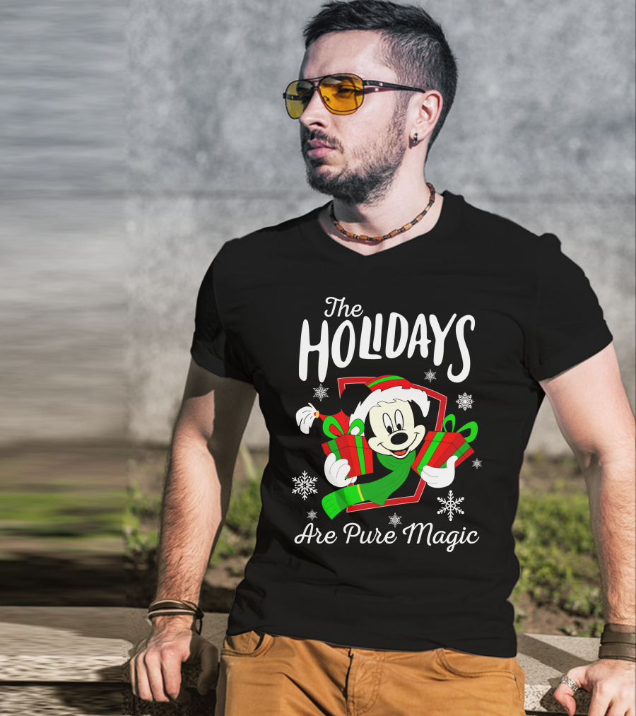 The Holidays Are Pure Magic Mickey Mouse Holding Gifts Snowflakes T-Shirt