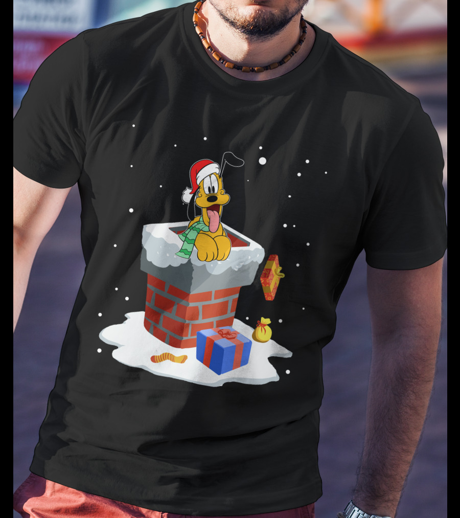 Pluto Christmas Chimney Santa Hat Holiday Scene T-Shirt