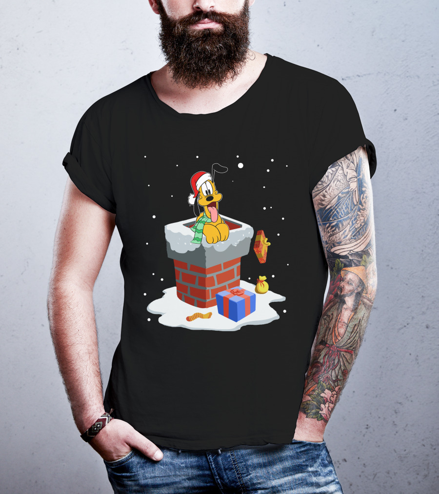 Pluto Christmas Chimney Santa Hat Holiday Scene T-Shirt