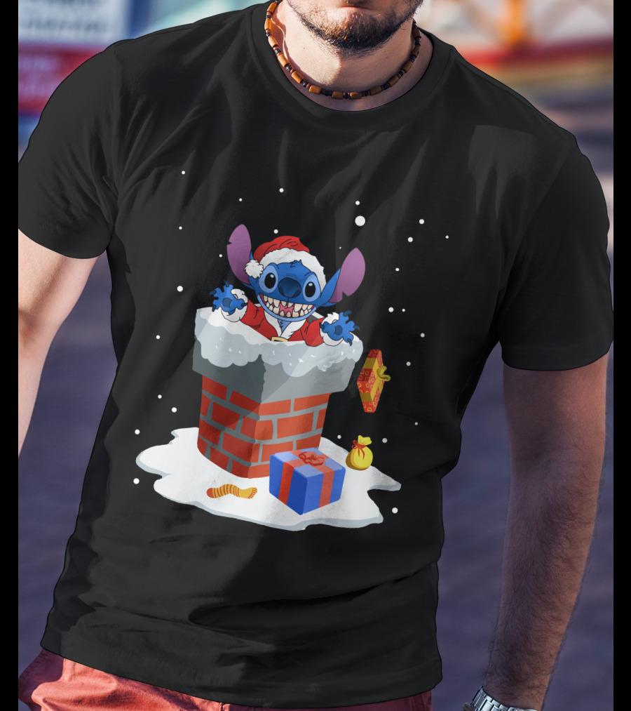 Santa Stitch Christmas Chimney Snow Scene T-Shirt