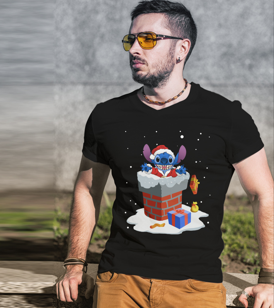Santa Stitch Christmas Chimney Snow Scene T-Shirt