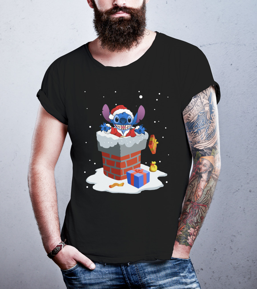 Santa Stitch Christmas Chimney Snow Scene T-Shirt