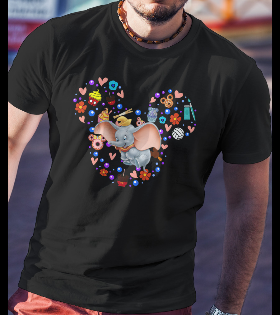 Dumbo With Mickey Mouse Icon And Colorful Desserts And Flowers T-Shirt