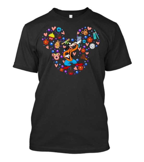 Goofy Character Surrounded By Colorful Snacks And Hearts With Mickey Ears T-Shirt