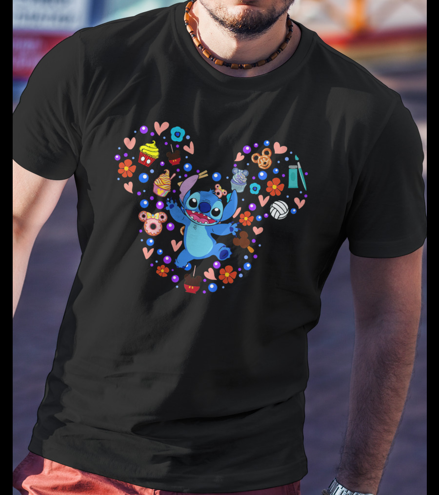 Stitch Cupcake Flowers Heart Delightfully Mischievous Disney Fan Favorite T-Shirt