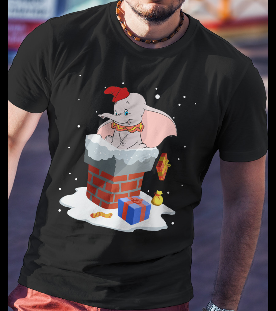 Dumbo Christmas Chimney Scene With Gifts And Snowflakes T-Shirt