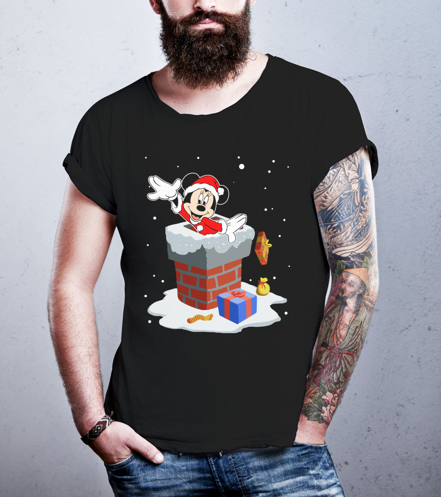 Minnie Mouse Santa In Chimney With Christmas Gifts And Snowflakes T-Shirt