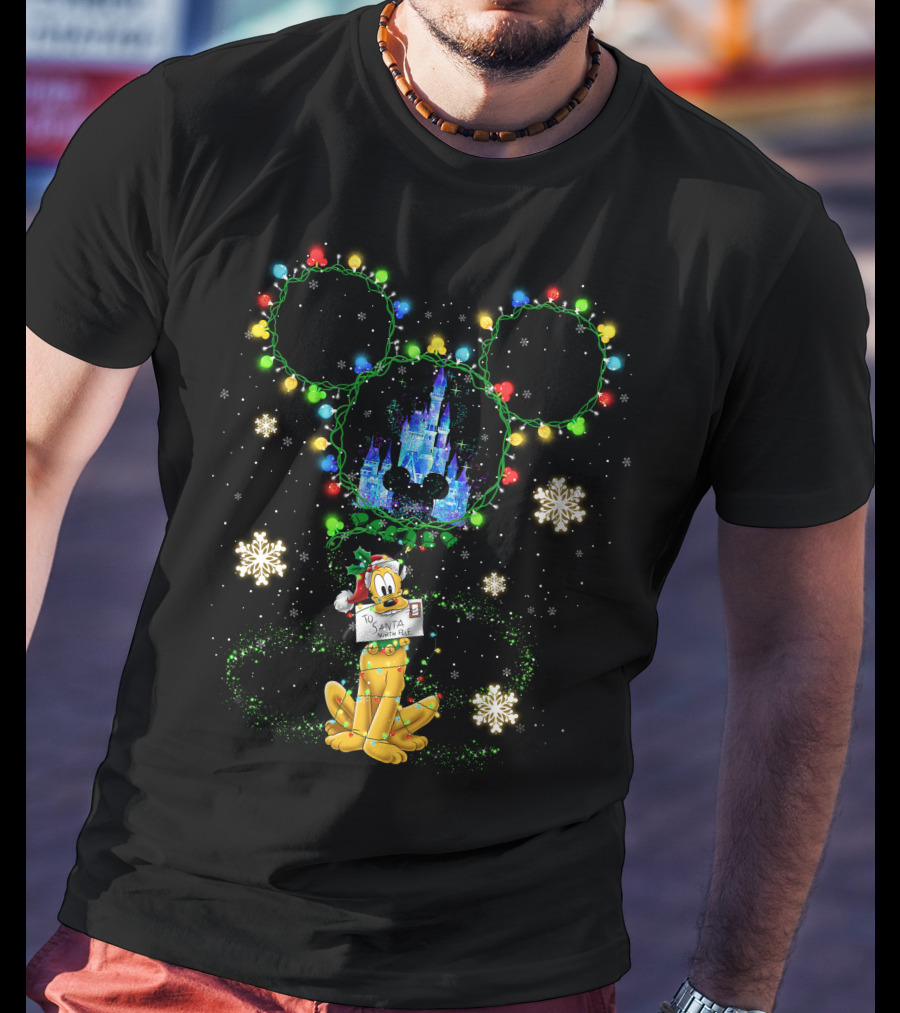 Pluto Santa Letter Mickey Ears Castle Snowflakes Christmas Lights T-Shirt