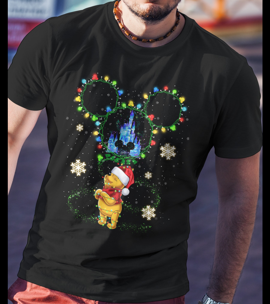 Winnie The Pooh Christmas Lights Castle Mickey Ears Snowflakes T-Shirt