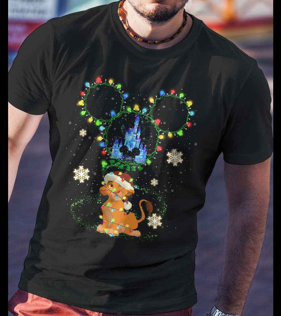 Simba Christmas Disney Castle Mickey Ears Lights Snowflakes T-Shirt
