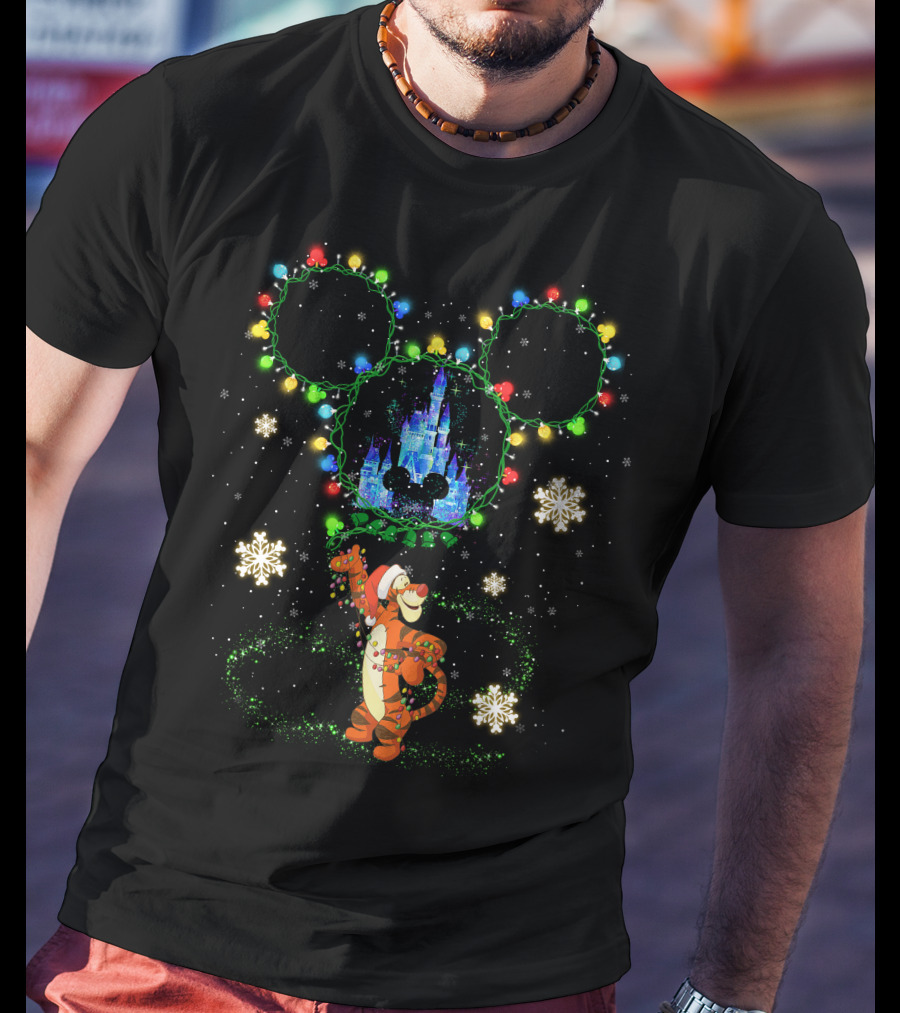 Tigger Disney Christmas Castle Lights Snowflakes Mickey Ears T-Shirt