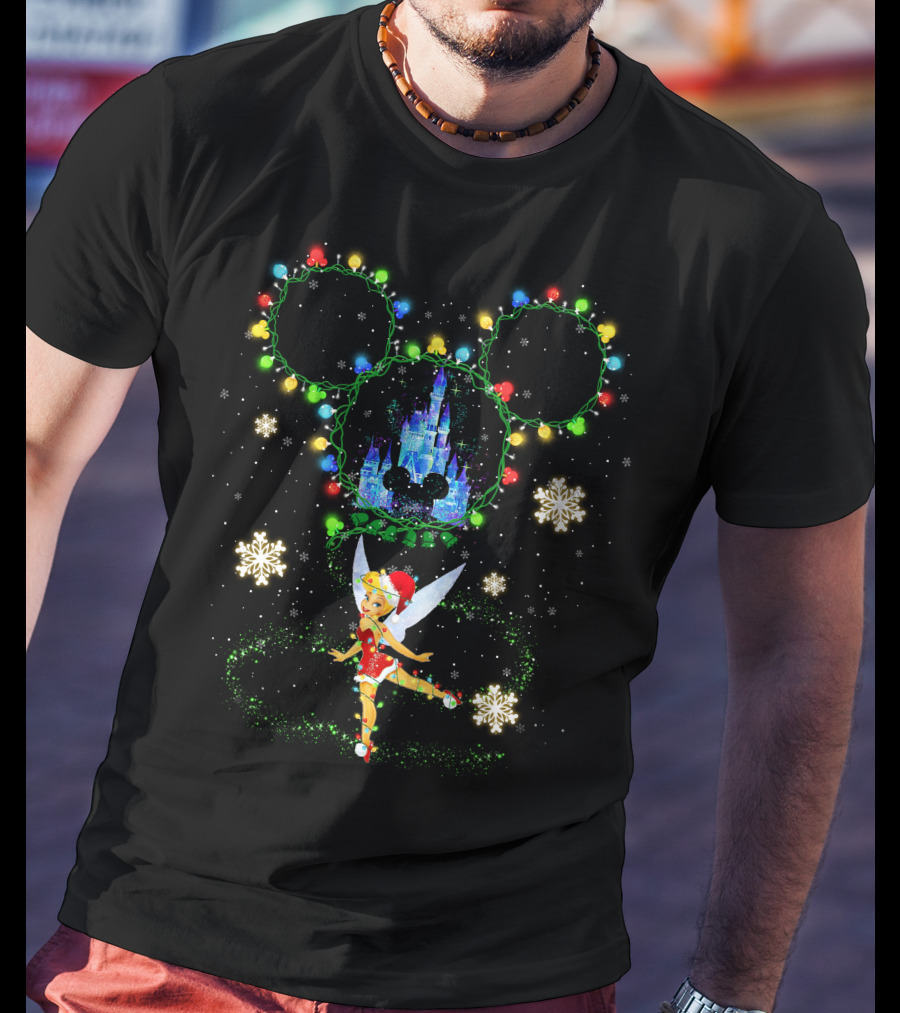 Tinker Bell Christmas Lights Mickey Ears Disney Castle Snowflakes T-Shirt