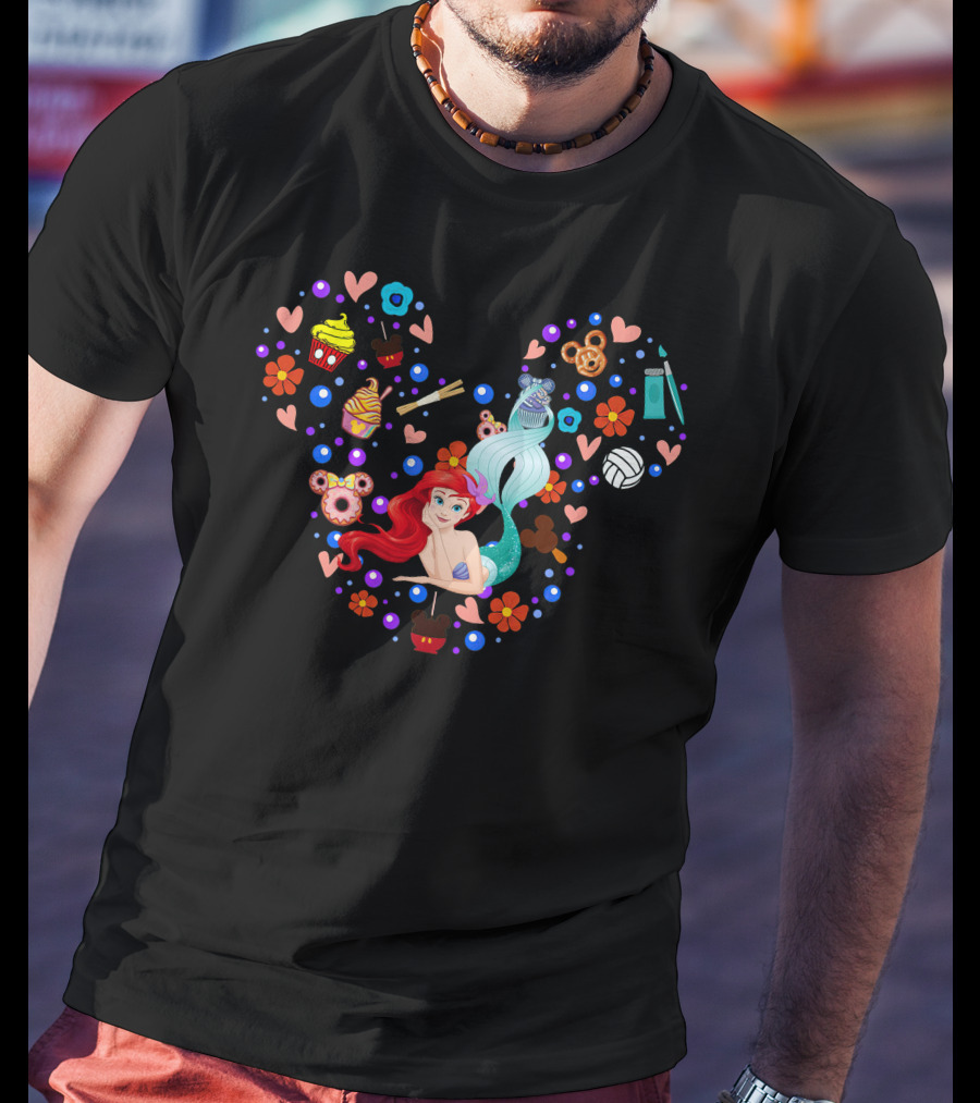 Disney Ariel Little Mermaid Mickey Mouse Icon Floral Cupcake Sushi Flowers Hearts T-Shirt