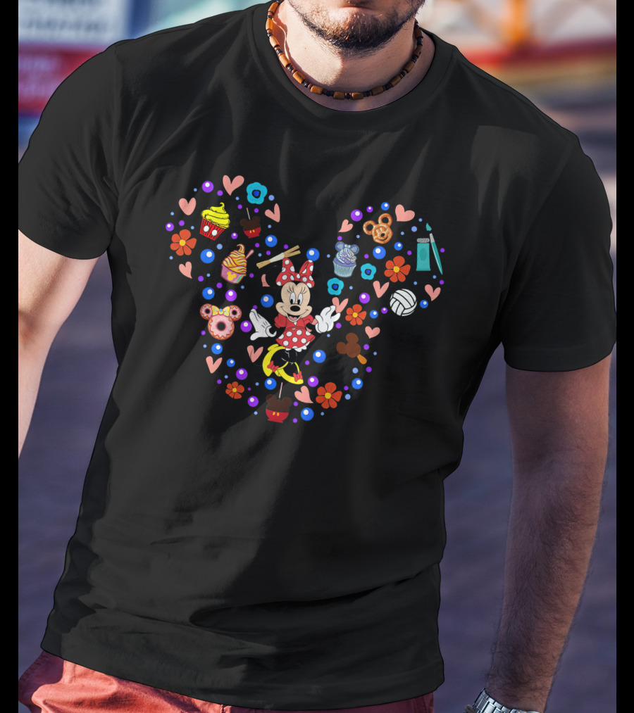 Minnie Mouse Heart Shape With Sweets And Treats Icons T-Shirt