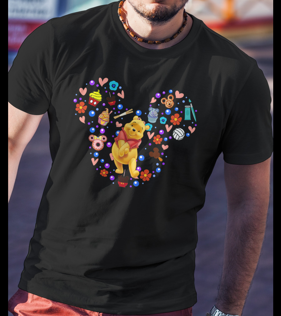 Winnie The Pooh Heart Pattern With Flowers Hearts And Cartoon Snacks T-Shirt