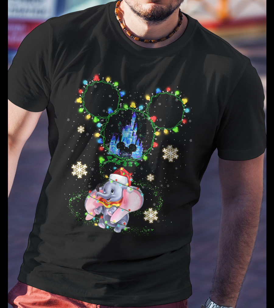 Christmas Dumbo With Castle And Mickey String Lights T-Shirt