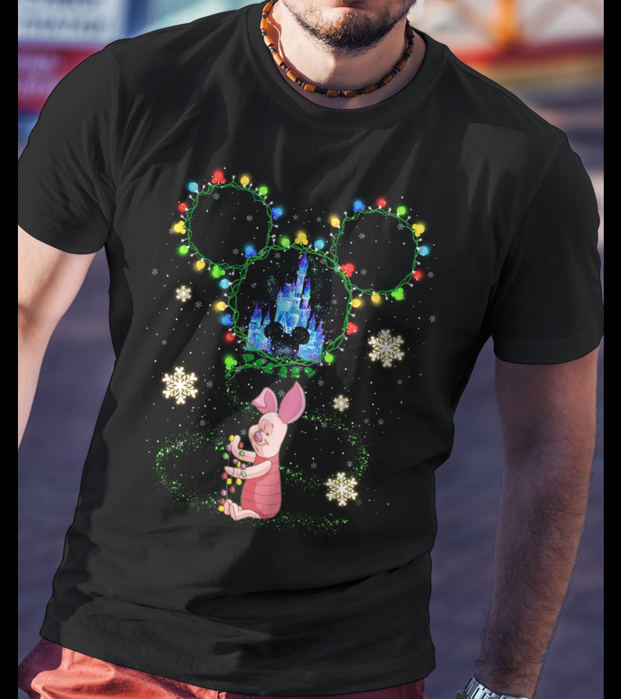 Piglet Christmas Castle Lights Mickey Ears Snowflakes T-Shirt