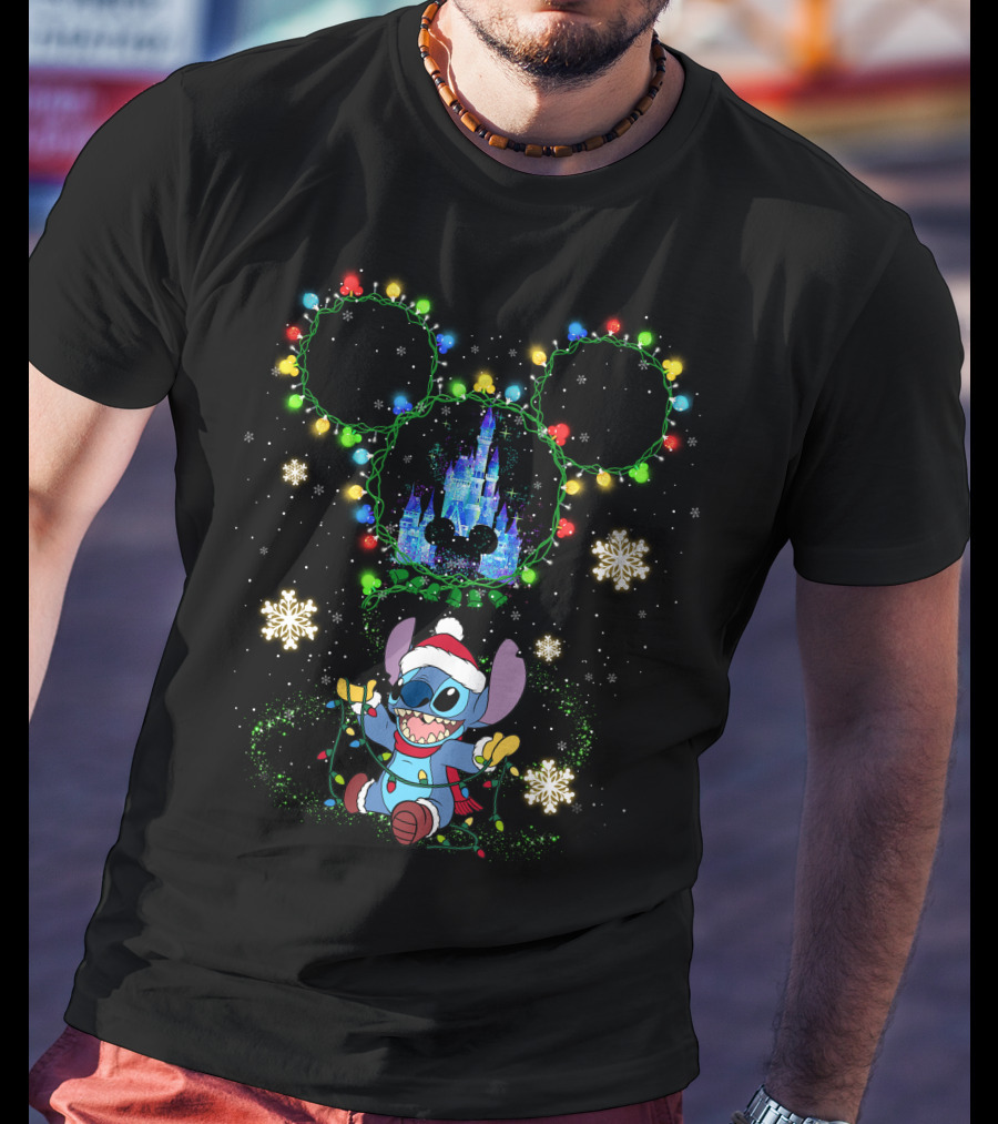 Disney Stitch Christmas Castle Lights Mickey Ears T-Shirt