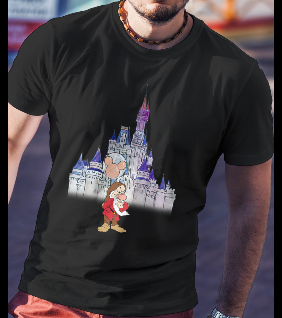 Grumpy Dwarf With Mickey Balloon At Disney Castle T-Shirt