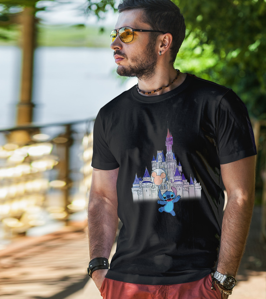 Stitch At Enchanted Disney Castle With Mickey Balloon T-Shirt