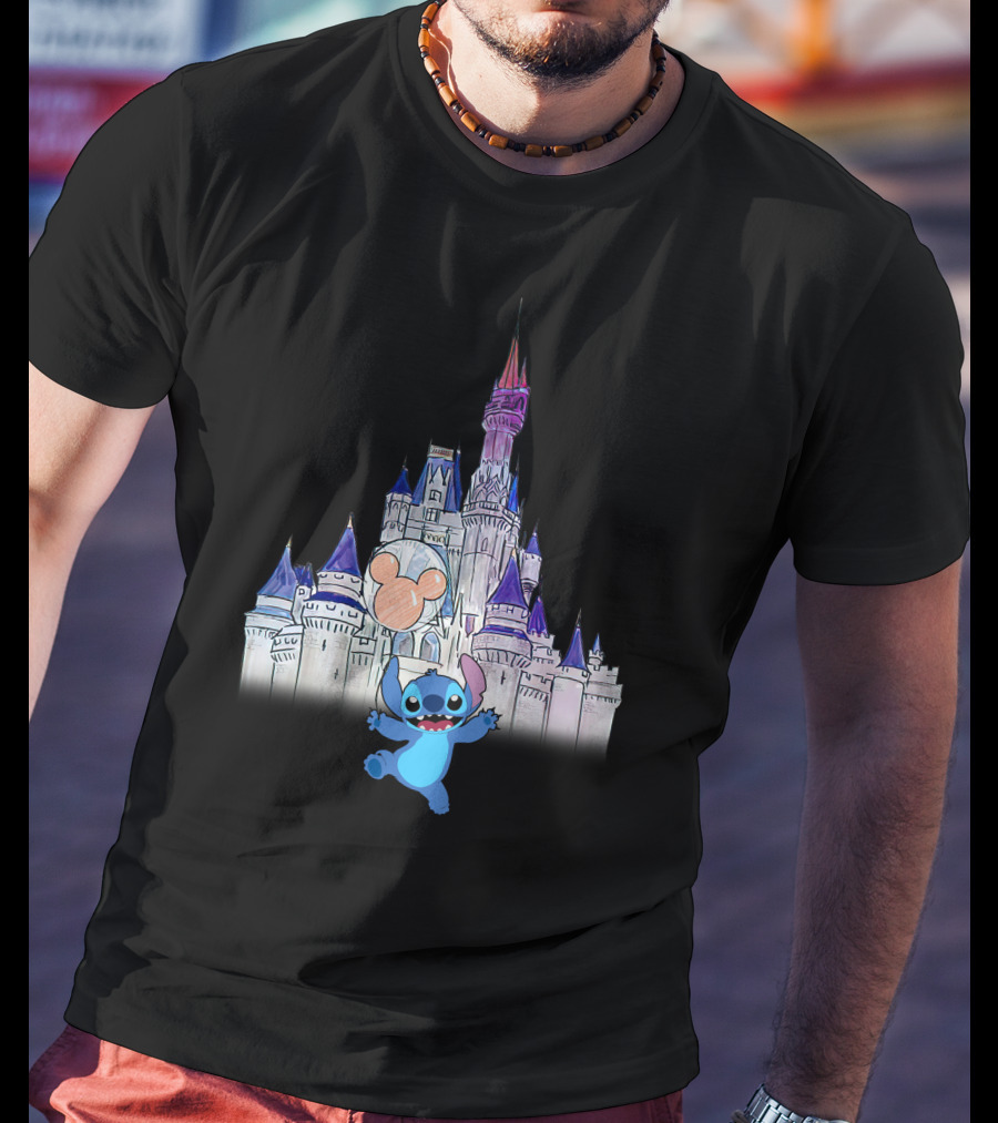 Stitch At Enchanted Disney Castle With Mickey Balloon T-Shirt
