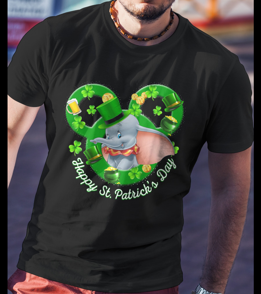 Dumbo Happy St. Patrick's Day With Shamrocks And Leprechaun Hat T-Shirt