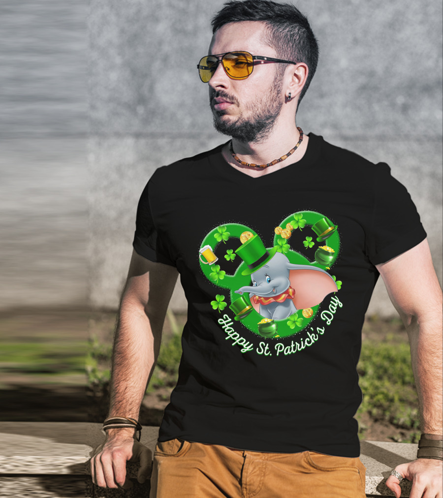 Dumbo Happy St. Patrick's Day With Shamrocks And Leprechaun Hat T-Shirt