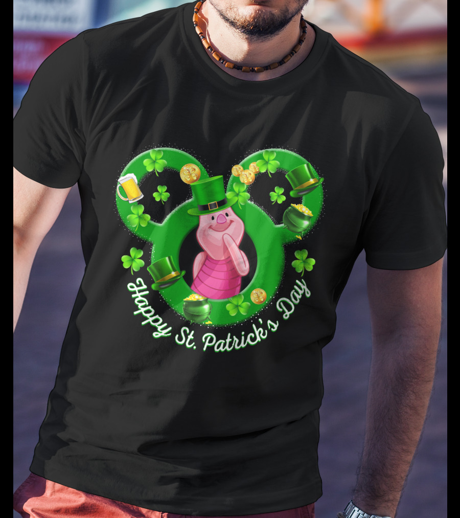 Piglet Happy St. Patrick’s Day Mickey Ears Shamrocks Coins Hat T-Shirt