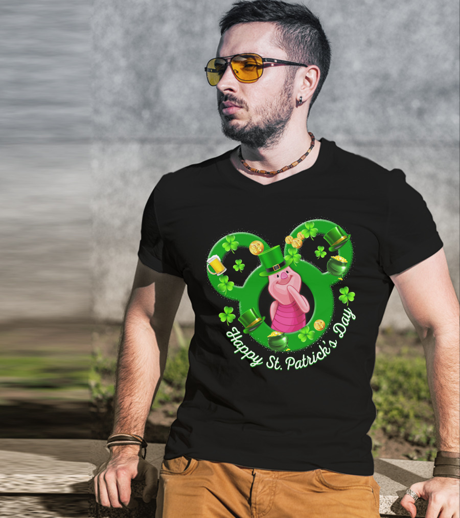 Piglet Happy St. Patrick’s Day Mickey Ears Shamrocks Coins Hat T-Shirt