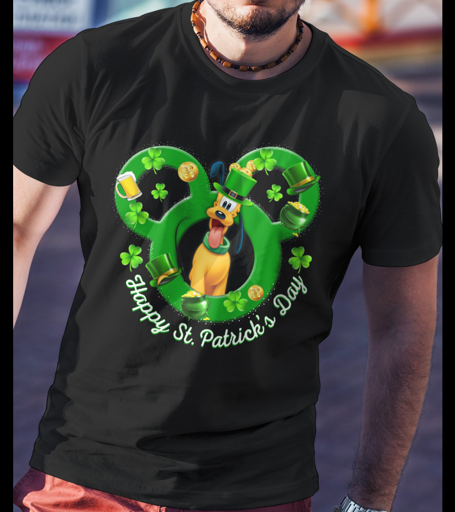 Happy St. Patrick's Day Pluto Mickey Ears Shamrocks Gold Coins T-Shirt