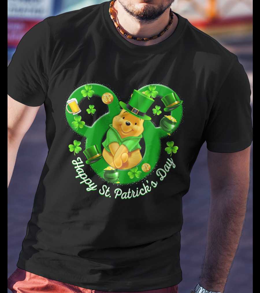 Happy St. Patrick's Day Pooh Bear With Leprechaun Hat And Shamrocks T-Shirt