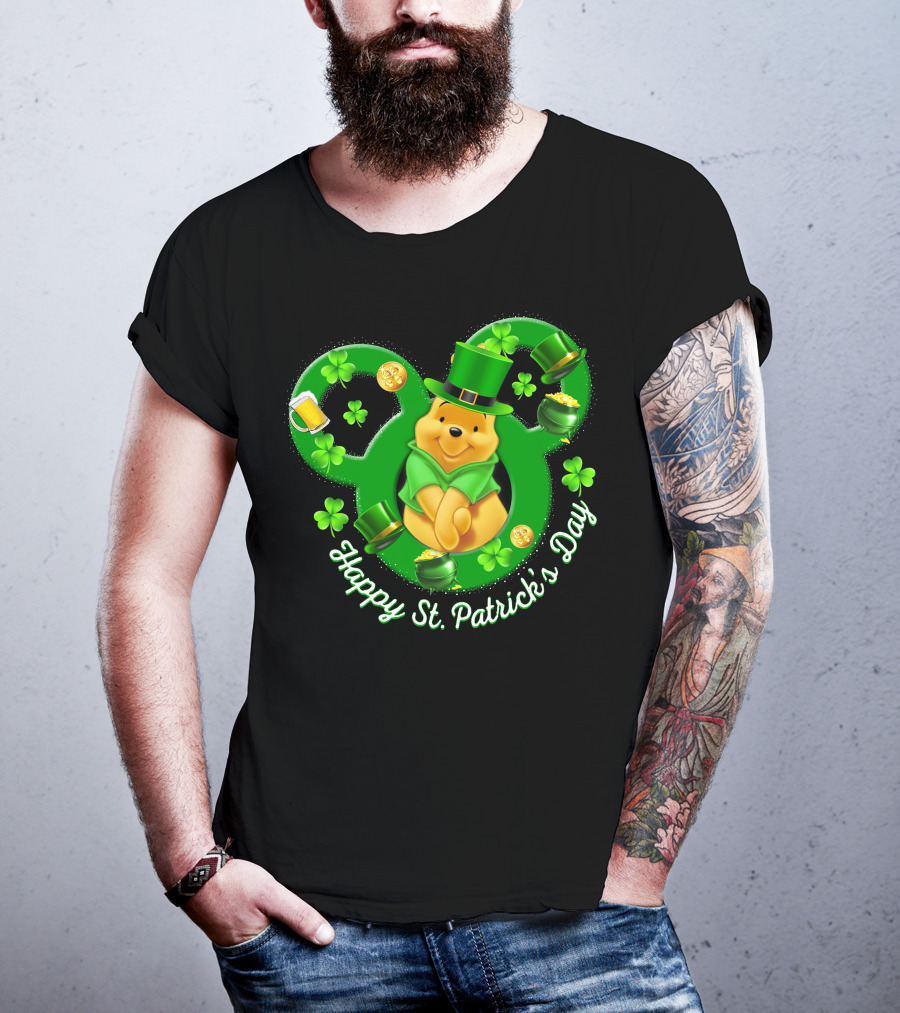 Happy St. Patrick's Day Pooh Bear With Leprechaun Hat And Shamrocks T-Shirt