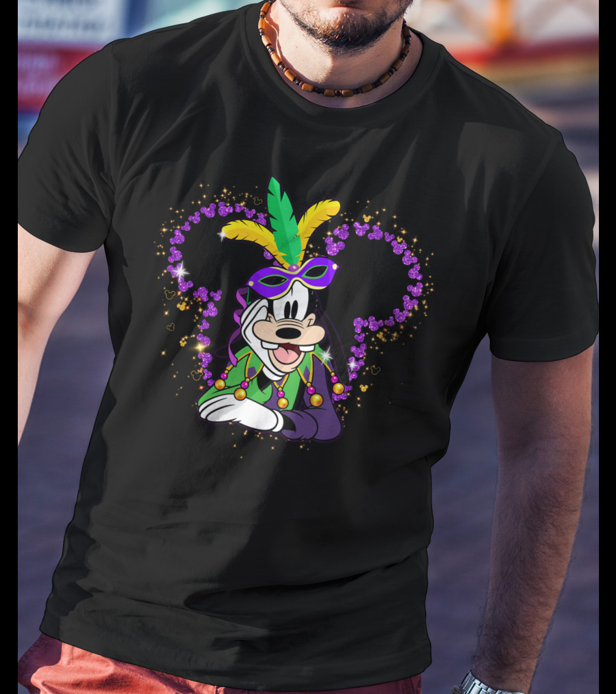 Goofy Mardi Gras Disney Mickey Ears Sparkle Feathers Mask T-Shirt