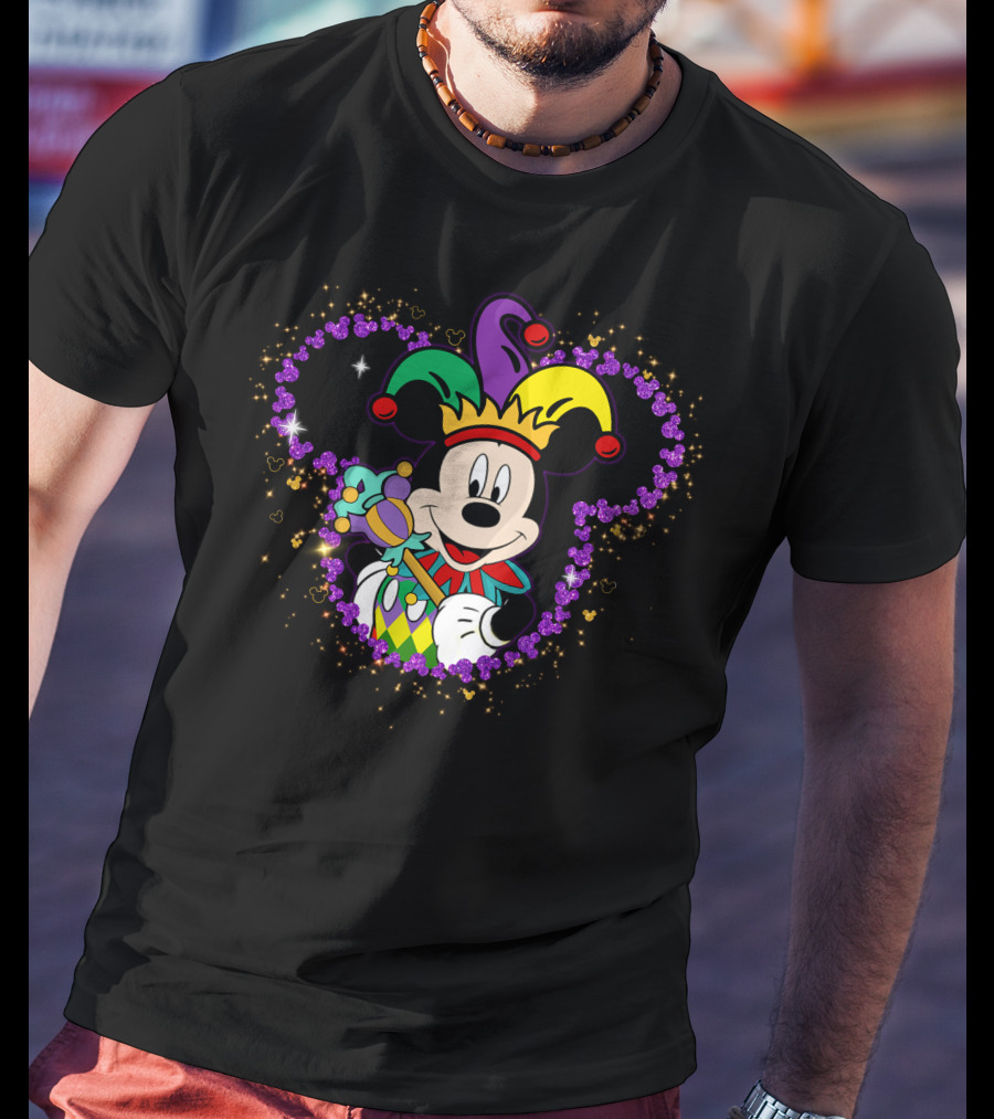 Mickey Mouse Jester Mardi Gras Magic With Crown And Scepter T-Shirt