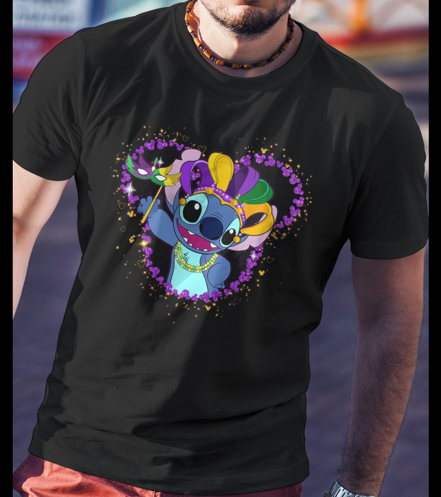 Stitch Mardi Gras Celebration With Mask And Beads In Purple Heart Frame T-Shirt