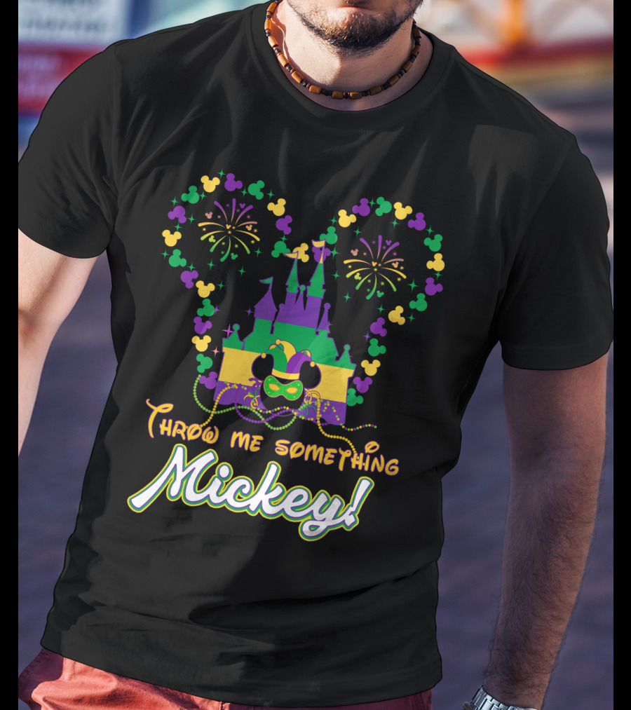 Throw Me Something Mickey Mardi Gras Castle Fireworks Beads T-Shirt