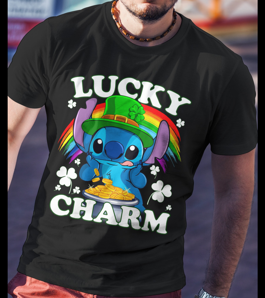 Stitch Lucky Charm Leprechaun Rainbow And Gold Coins T-Shirt
