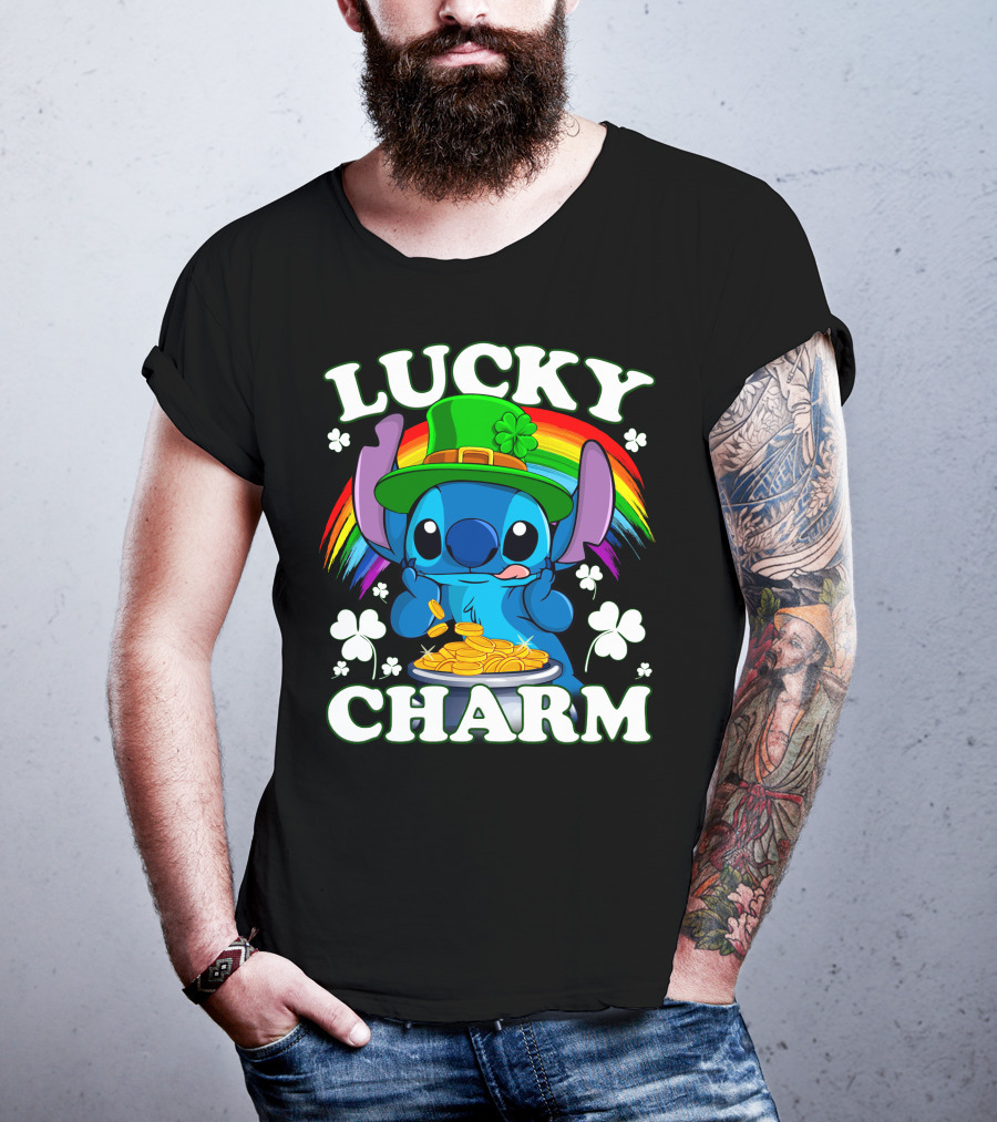 Stitch Lucky Charm Leprechaun Rainbow And Gold Coins T-Shirt