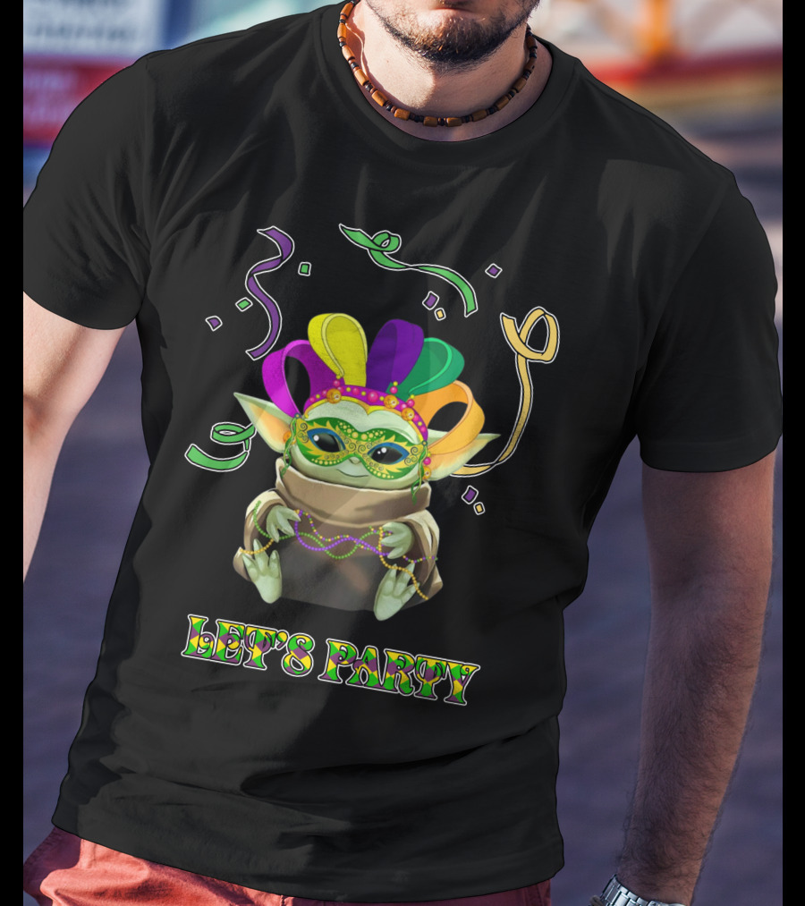 Baby Yoda Let's Party Mardi Gras Mask And Beads T-Shirt